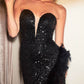 Cinderella Divine CD229 One-of-A-Kind High Low Sequin Formal Gown with Feathers