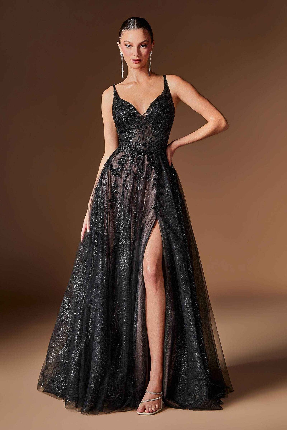 Ladivine CD2412 Vestido mágico de tul con purpurina y apliques florales, corte A