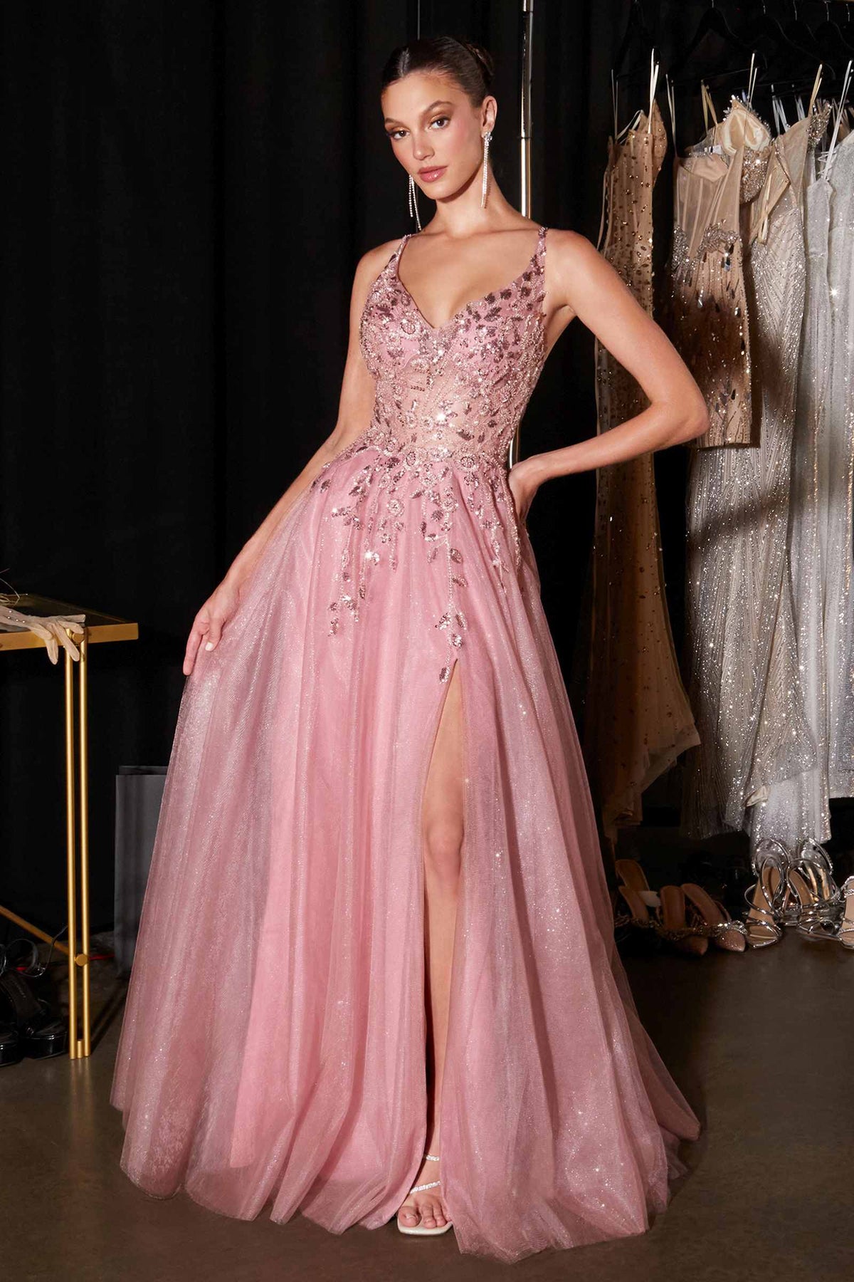 Ladivine CD2412 Vestido mágico de tul con purpurina y apliques florales, corte A