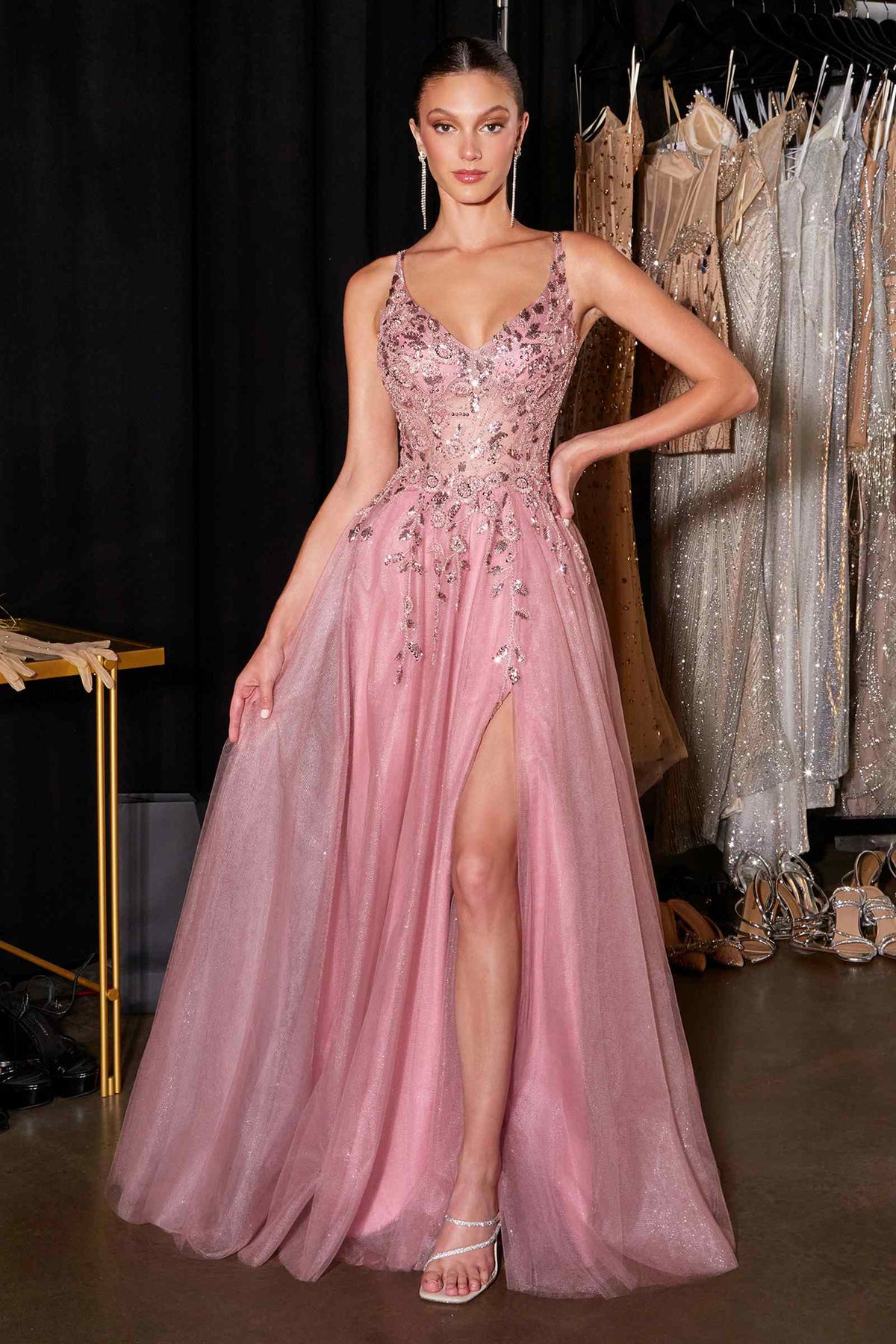 Ladivine CD2412 Vestido mágico de tul con purpurina y apliques florales, corte A