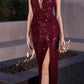 Ladivine CD279 Long Draped Fitted Sequin Formal Gown with Slit