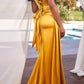 Ladivine CD340 Long Fitted Side Sash Leg Slit Satin Gown
