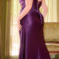Ladivine CD349C Long Side Sash Overlay Fitted Stretch Satin Gown