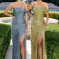 Ladivine CD416 Off Shoulder Pleated Luminescent Chiffon Fitted Gown