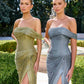 Ladivine CD416 Off Shoulder Pleated Luminescent Chiffon Fitted Gown