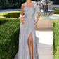 Ladivine CD418 One Shoulder A-Line Pleated Luminescent Chiffon Gown
