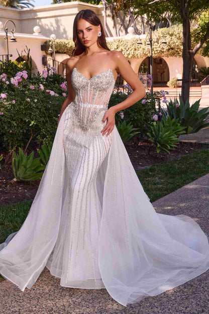 Vestido de novia Ladivine CD643W sin tirantes con cuentas y sobrefalda de tul
