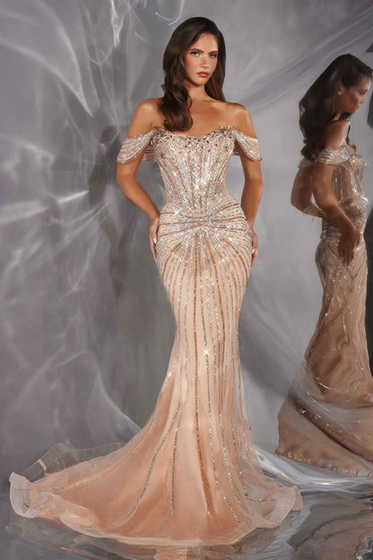Vestido de noche estilo sirena Ladivine CD654 con hombros descubiertos, purpurina, corpiño encorsetado ajustado