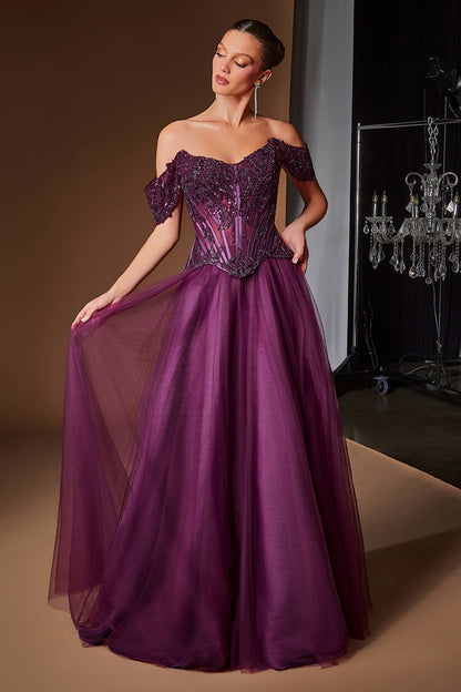 Vestido de gala de tul con escote Bardot y corte A Ladivine CD657