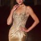 Vestido de satén elástico con cuello halter pronunciado y pedrería Ladivine CD690