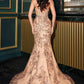 Vestido de noche ajustado sin tirantes Ladivine CD723 con escote pronunciado y detalles florales