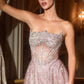 Vestido de Noche Acampanado Ladivine CD724 con Purpurina sin Tirantes Escote Corazón con Pedrería de Cristal