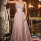 Vestido de Noche Acampanado Ladivine CD724 con Purpurina sin Tirantes Escote Corazón con Pedrería de Cristal