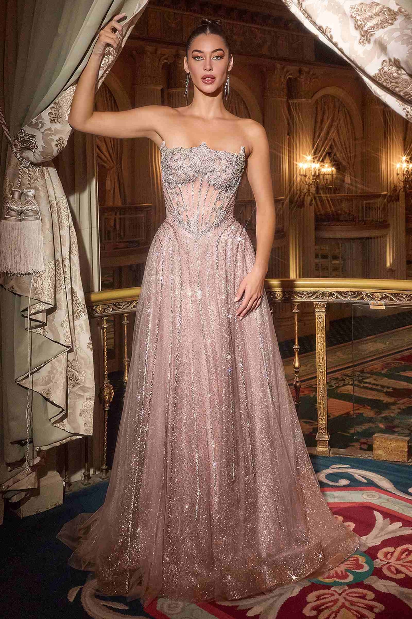 Vestido de Noche Acampanado Ladivine CD724 con Purpurina sin Tirantes Escote Corazón con Pedrería de Cristal
