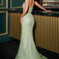 CLEARANCE - Ladivine CD727 Strapless Sage Green Tulle Overlay Fitted Gown (Size 6)