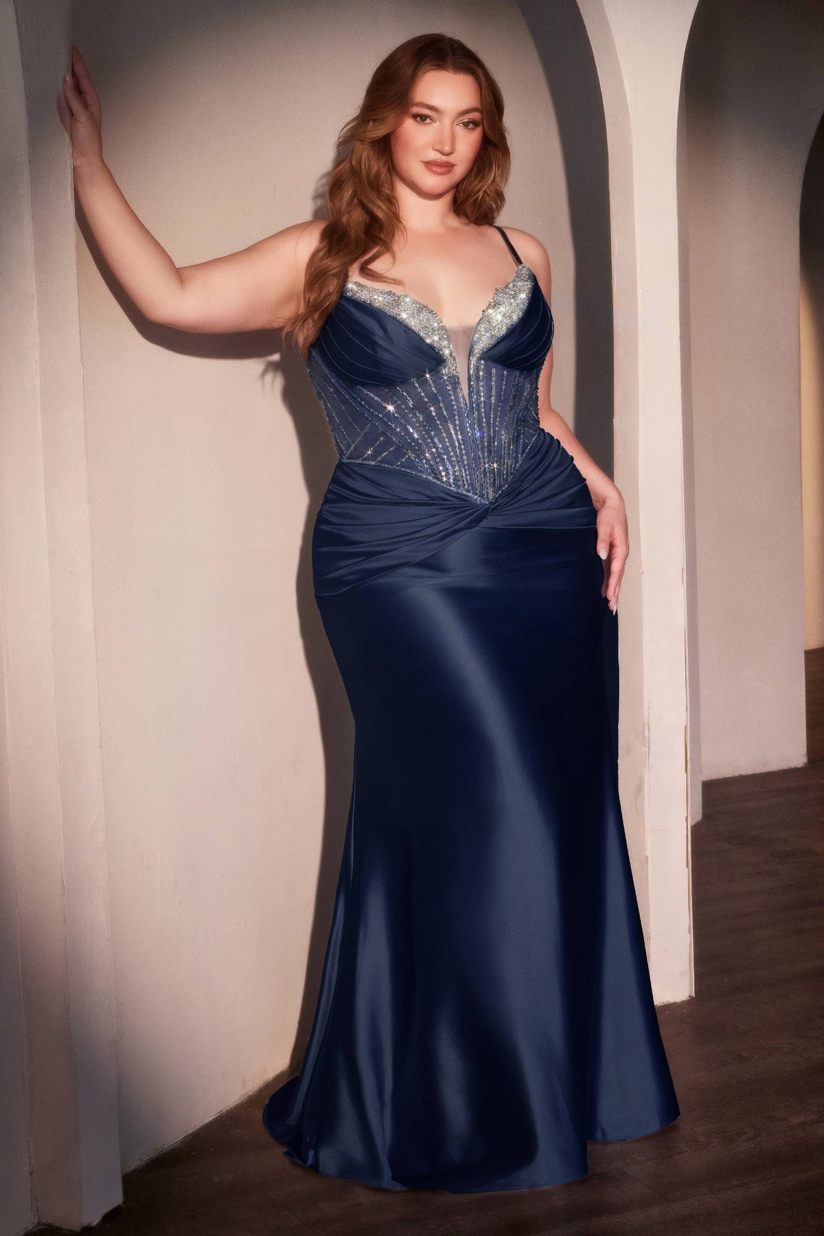 Ladivine CD752C Dress Fitted Satin Embellished Plus Size Gown