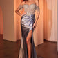 Vestido largo de satén Ladivine CD821 con corpiño adornado y hombros descubiertos