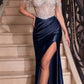 Vestido largo de satén Ladivine CD821 con corpiño adornado y hombros descubiertos