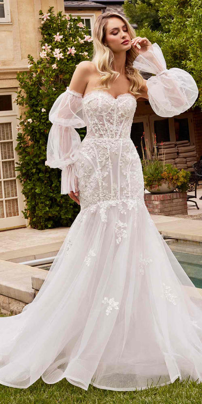 Vestido Largo Estraple de Sirena Ladivine CD858W con Mangas Removibles