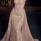 LIQUIDACIÓN - Vestido largo de noche Ladivine CD863 de tul ajustado con cuentas color champán rosado (Talla 10)