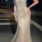 Ladivine CD866 Fitted Fringe Embellished Tulle Overlay Nude Lining Formal Gown