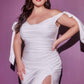 Cinderella Divine CD944WC Long Stretch Satin Gown Off The Shoulder Tie Sleeve