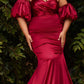 Cinderella Divine CD983 Long Fitted Satin Gown with Puff Sleeve