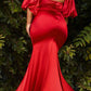 Cinderella Divine CD983 Long Fitted Satin Gown with Puff Sleeve