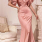 Cinderella Divine CD983 Long Fitted Satin Gown with Puff Sleeve