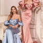 Cinderella Divine CD983 Long Fitted Satin Gown with Puff Sleeve