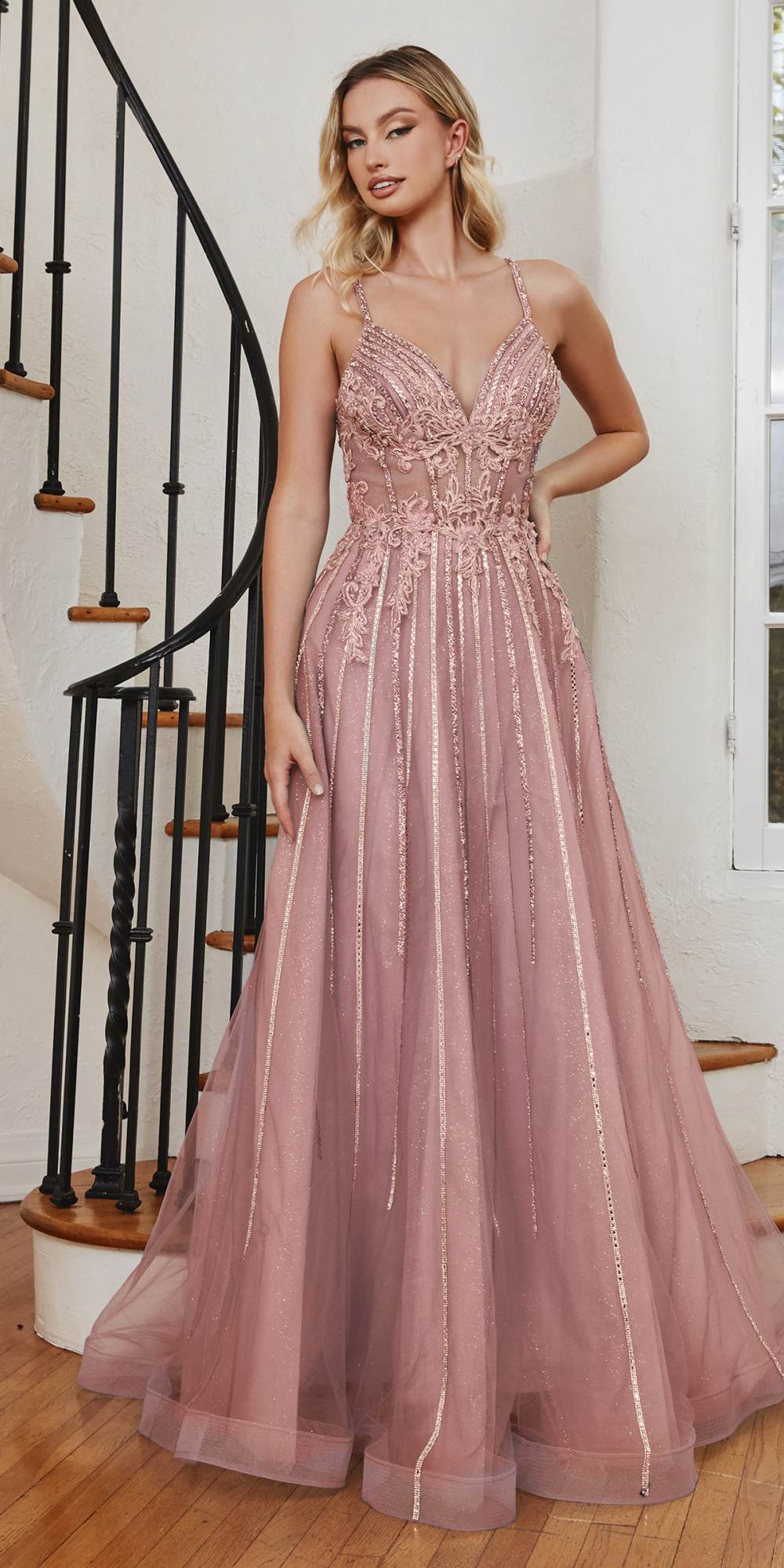 Cenicienta Divina CD994 Vestido largo de tul con pedrería, corte en A, detalle de encaje y escote en V
