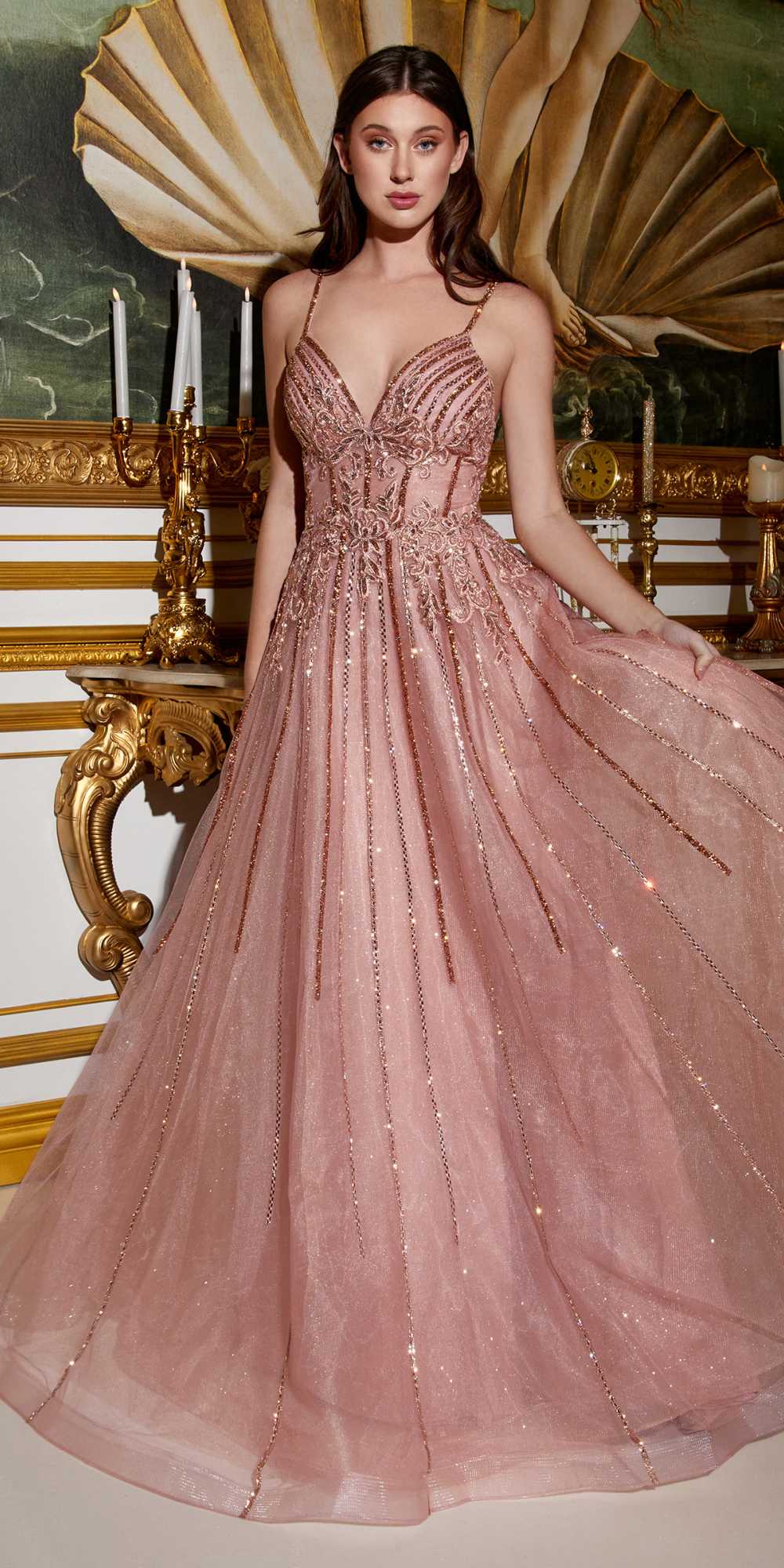 Cenicienta Divina CD994 Vestido largo de tul con pedrería, corte en A, detalle de encaje y escote en V
