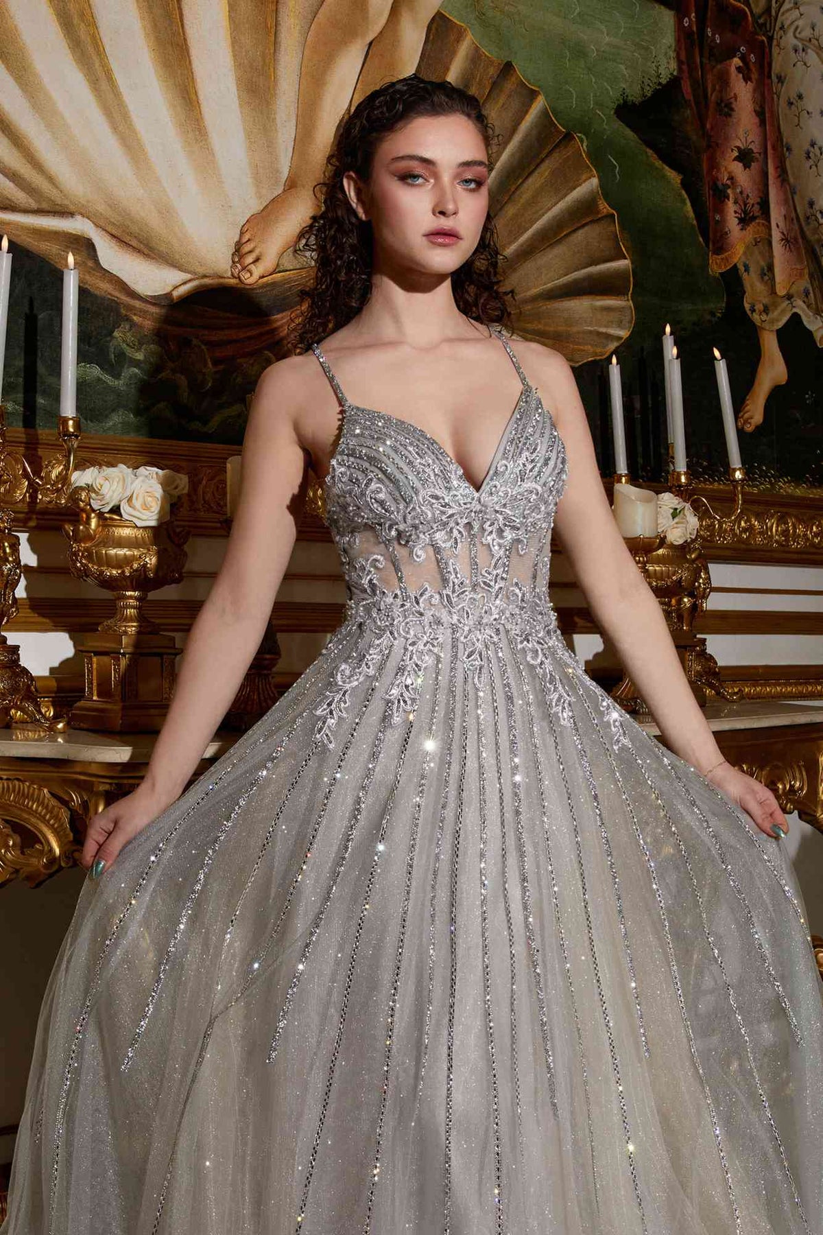 Cenicienta Divina CD994 Vestido largo de tul con pedrería, corte en A, detalle de encaje y escote en V