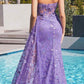 Vestido largo sin tirantes Ladivine CD998 con apliques de mariposa y abertura