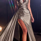 Cinderella Divine CDS441 Vestido largo de satén con cuello de pico, sexi abertura lateral y fajín lateral