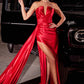 Cinderella Divine CDS441 Vestido largo de satén con cuello de pico, sexi abertura lateral y fajín lateral