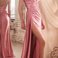 Cinderella Divine CDS441 Vestido largo de satén con cuello de pico, sexi abertura lateral y fajín lateral