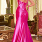 Ladivine CDS492 Long Satin Halter Dress with Rhinestone Details