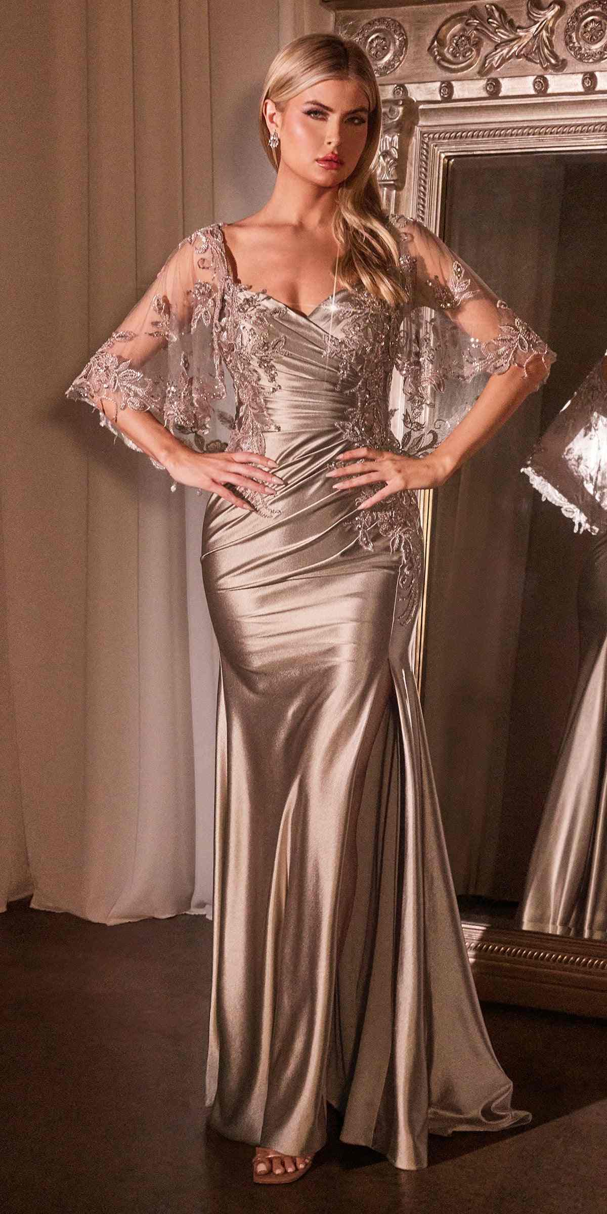 Vestido ajustado de satén elástico con capa de encaje extraíble Ladivine CDS499