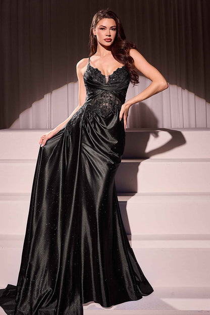 Vestido de noche ajustado de satén y encaje Ladivine CDS524