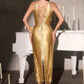Ladivine CDS564 Halter Neckline Fitted Metallic Midi Gown
