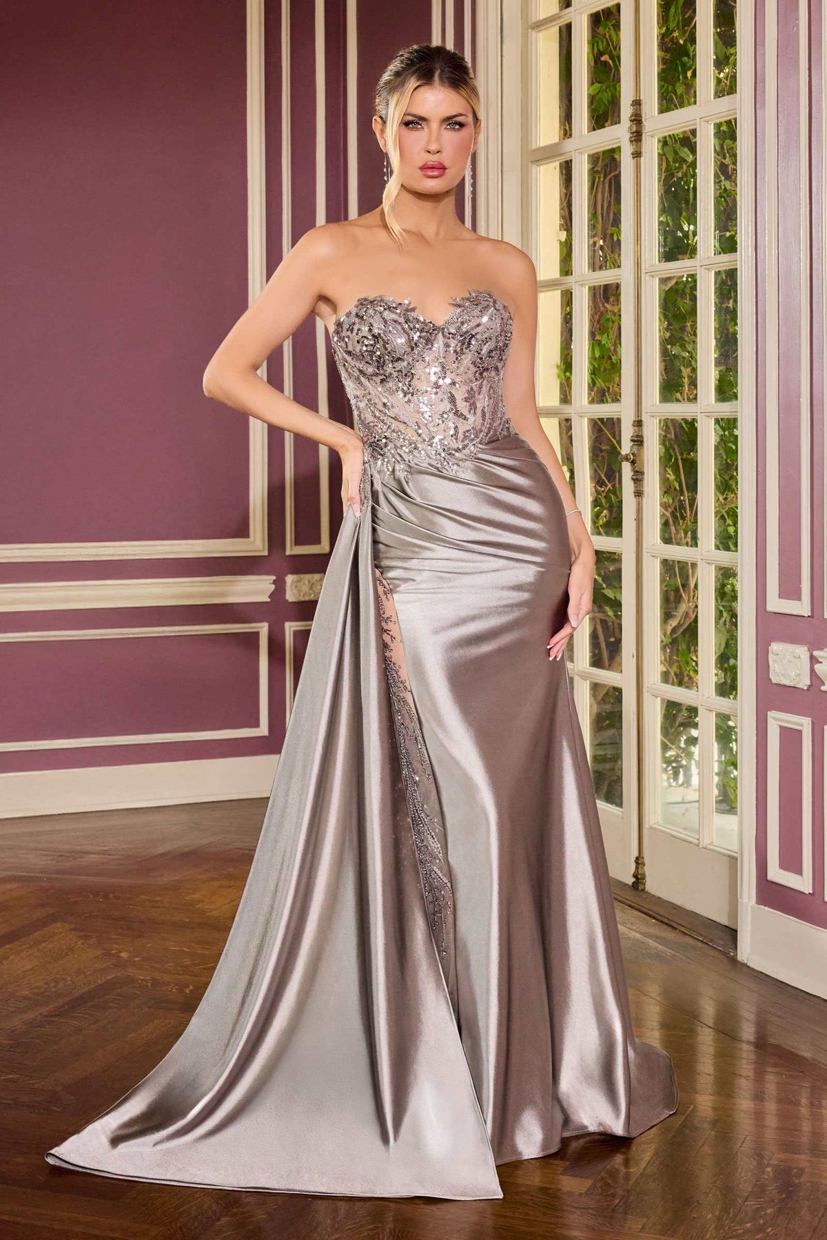 Ladivine CDS565 Elegante Vestido de Noche de Satén sin Tirantes con Escote Corazón y Aplicaciones de Lentejuelas