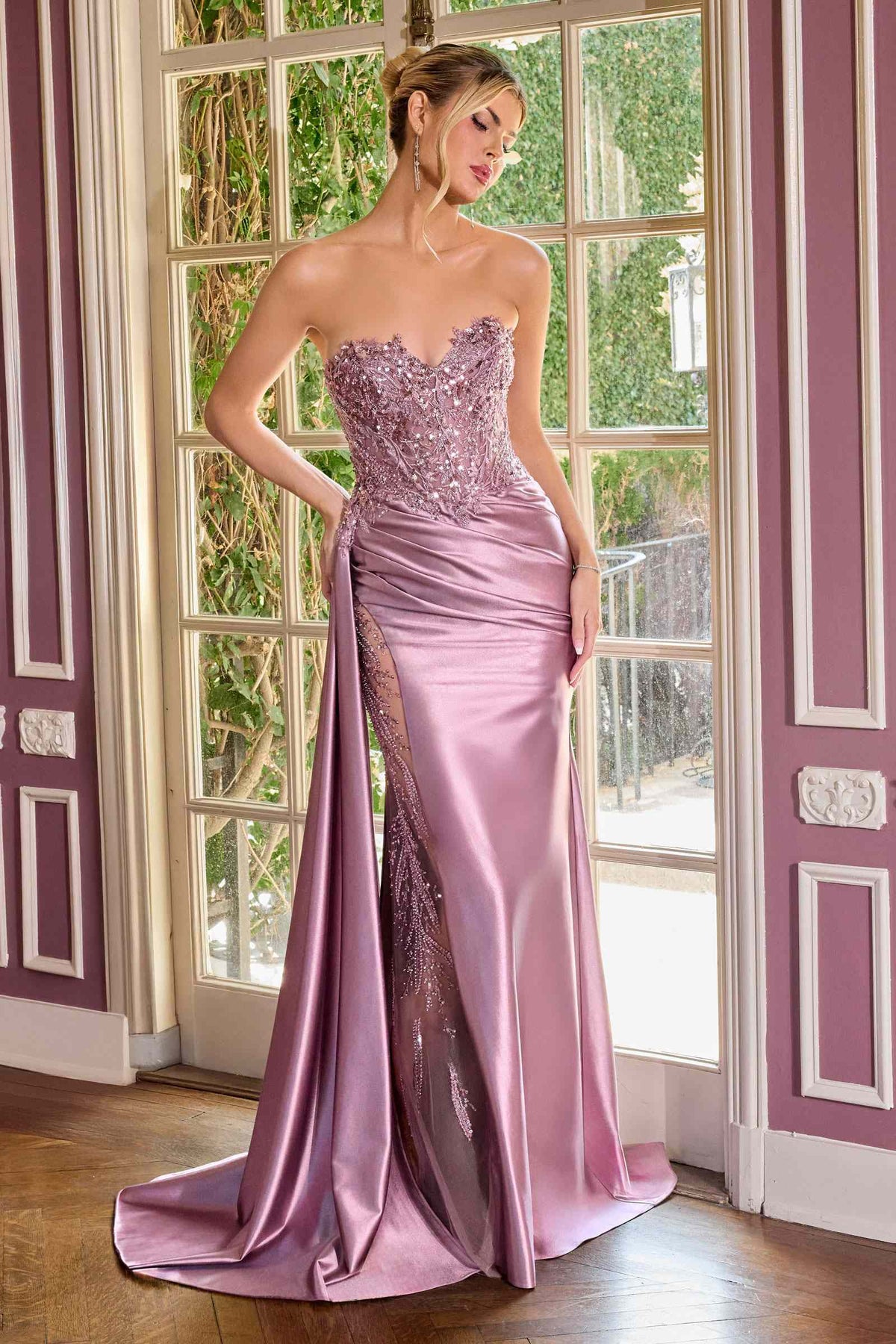 Ladivine CDS565 Elegante Vestido de Noche de Satén sin Tirantes con Escote Corazón y Aplicaciones de Lentejuelas