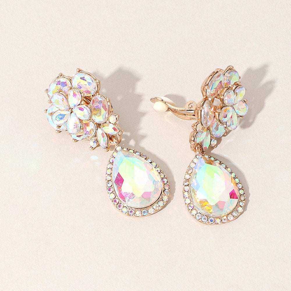 Flower Glass Crystal Teardrop Dangle Clip On Earrings