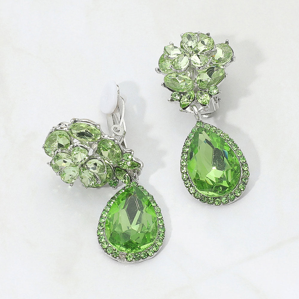 Flower Glass Crystal Teardrop Dangle Clip On Earrings
