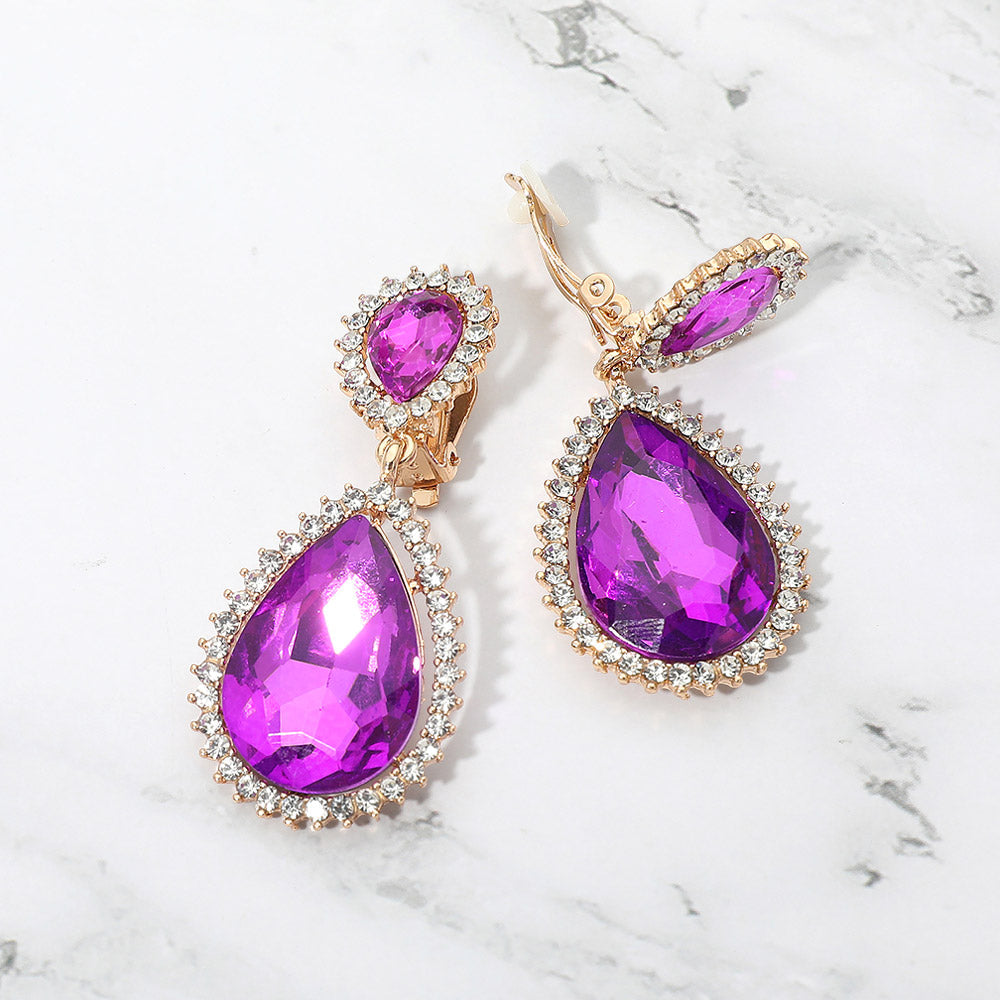 Crystal Pave Trim Teardrop clip on Earrings