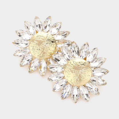 Marquise Stone Trimmed Flower Clip on Evening Earrings