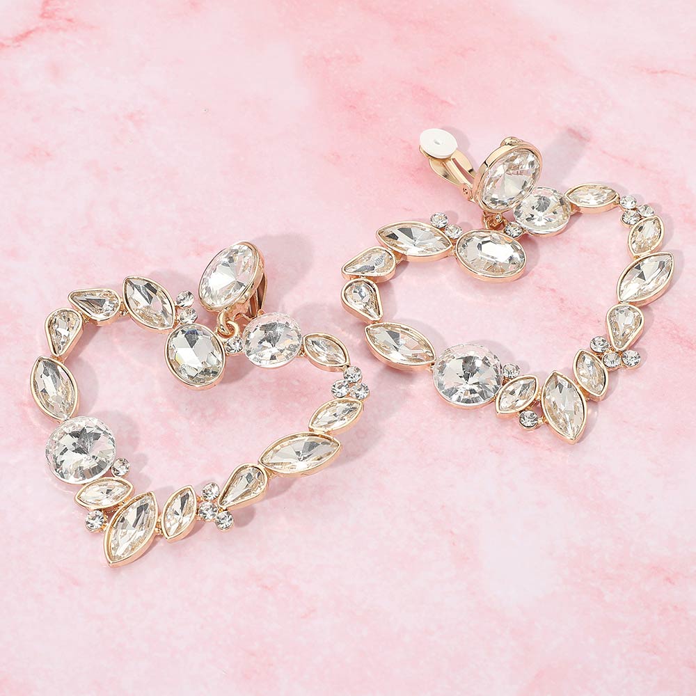 Oval Marquise Teardrop Stone Cluster Open Heart Drop Evening Statement Earrings