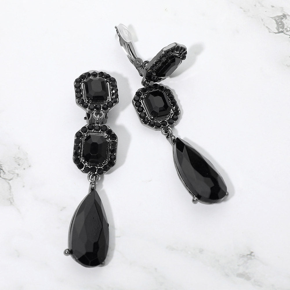 Square Halo Teardrop Stone Cluster Link Drop Evening Clip On Earrings