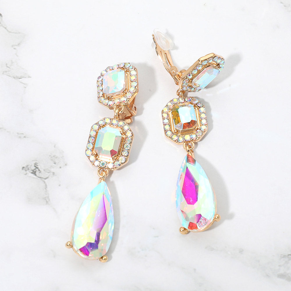 Square Halo Teardrop Stone Cluster Link Drop Evening Clip On Earrings